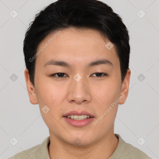 Joyful asian young-adult male with short  black hair and brown eyes