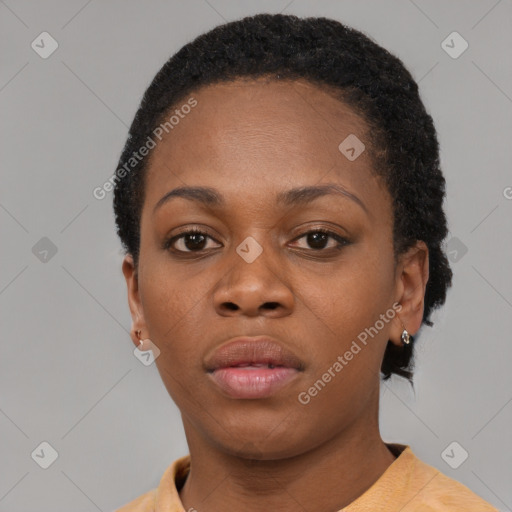 Neutral black young-adult female with short  black hair and brown eyes