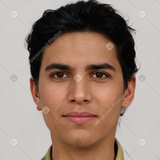 Neutral asian young-adult male with short  brown hair and brown eyes