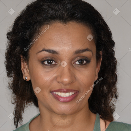 Joyful black young-adult female with medium  brown hair and brown eyes
