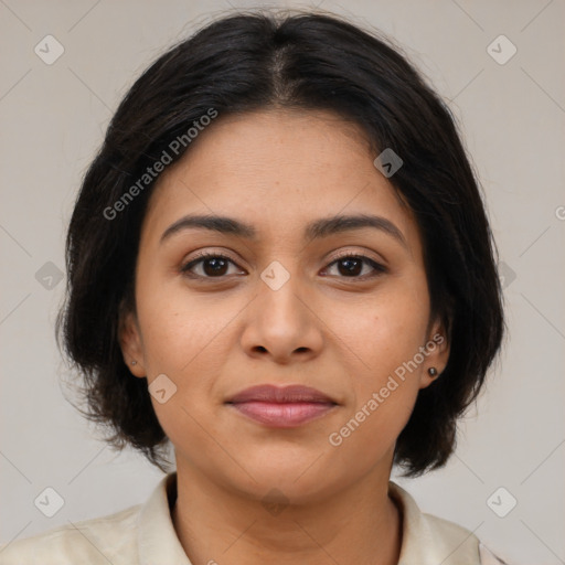 Joyful latino young-adult female with medium  brown hair and brown eyes