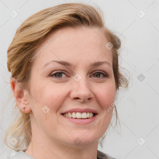 Joyful white young-adult female with medium  brown hair and blue eyes