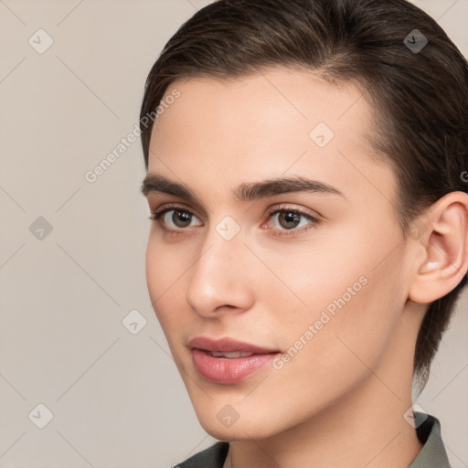 Neutral white young-adult female with medium  brown hair and brown eyes