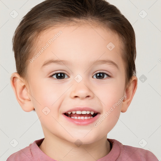 Joyful white child female with short  brown hair and brown eyes