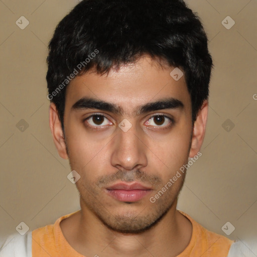 Neutral latino young-adult male with short  black hair and brown eyes