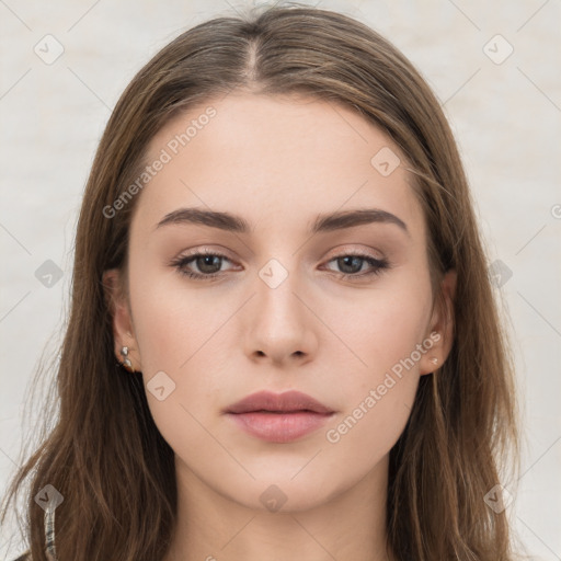 Neutral white young-adult female with long  brown hair and brown eyes