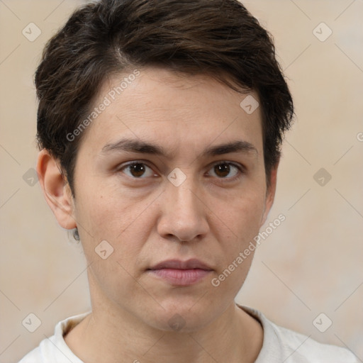 Neutral white young-adult male with short  brown hair and brown eyes