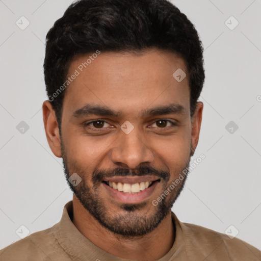 Joyful latino young-adult male with short  black hair and brown eyes