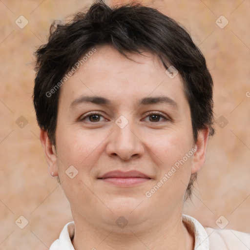 Joyful white young-adult female with short  brown hair and brown eyes