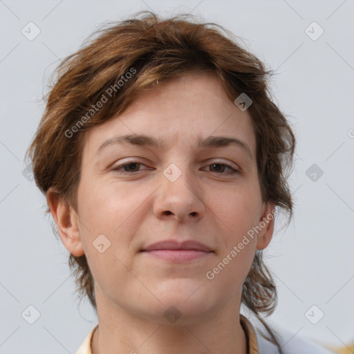 Neutral white young-adult female with medium  brown hair and brown eyes