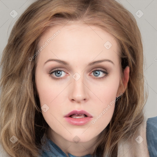 Neutral white young-adult female with long  brown hair and blue eyes