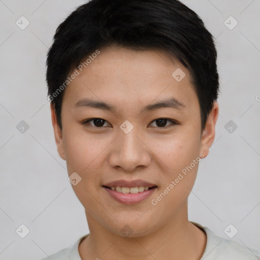 Joyful asian young-adult female with short  black hair and brown eyes