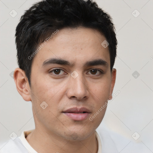 Neutral white young-adult male with short  black hair and brown eyes