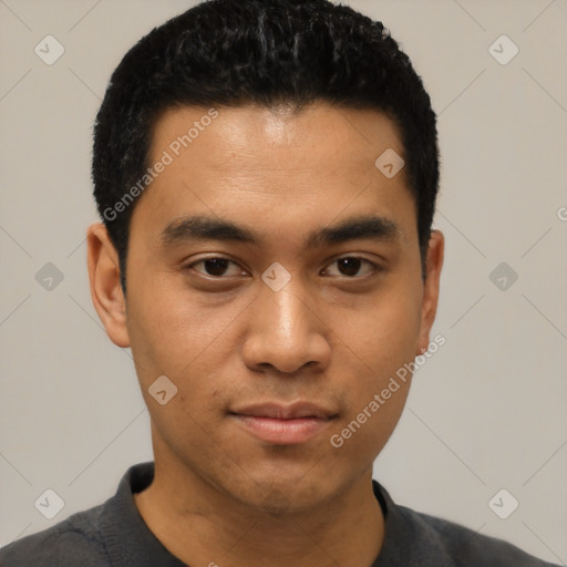 Neutral asian young-adult male with short  black hair and brown eyes