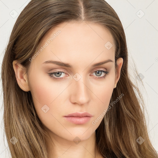 Neutral white young-adult female with long  brown hair and brown eyes