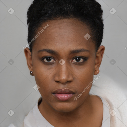 Neutral black young-adult female with short  black hair and brown eyes