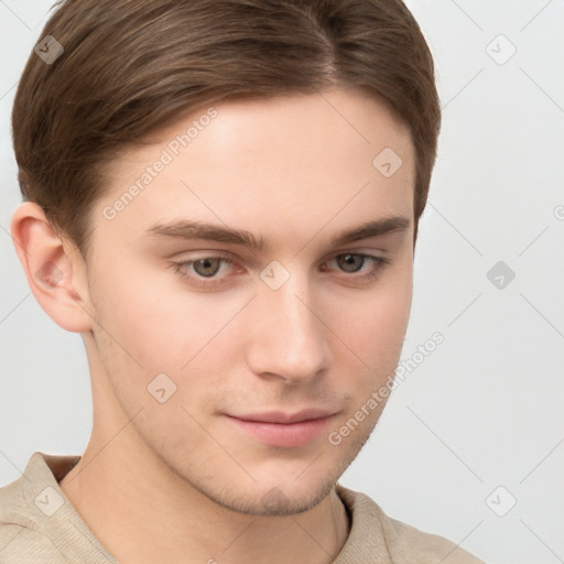 Neutral white young-adult male with short  brown hair and grey eyes