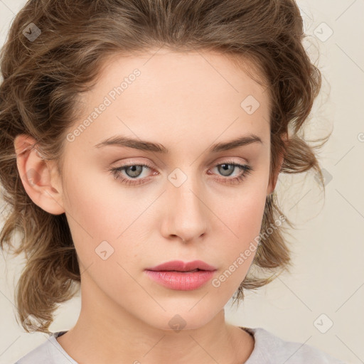 Neutral white young-adult female with medium  brown hair and blue eyes