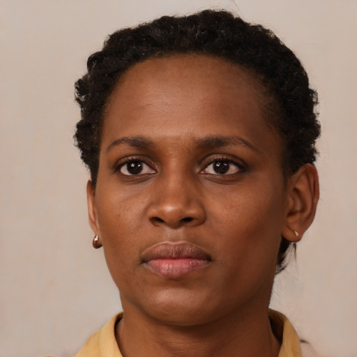 Neutral black young-adult female with short  brown hair and brown eyes