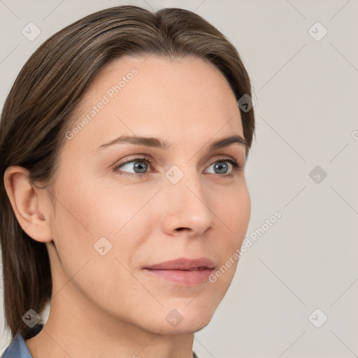 Neutral white young-adult female with medium  brown hair and grey eyes