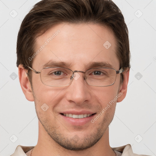 Joyful white adult male with short  brown hair and grey eyes