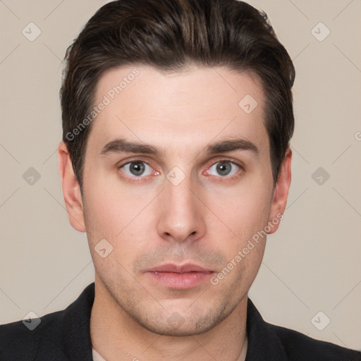 Neutral white young-adult male with short  brown hair and brown eyes