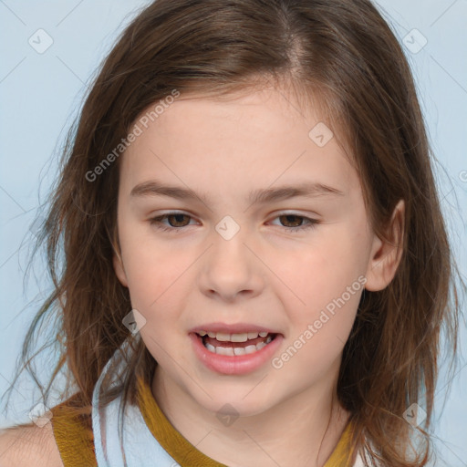 Joyful white child female with medium  brown hair and brown eyes