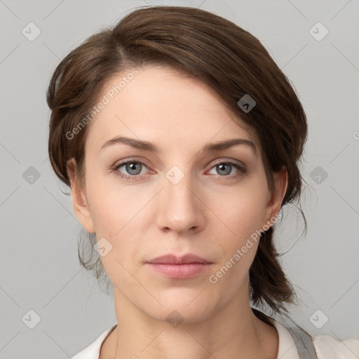 Neutral white young-adult female with medium  brown hair and grey eyes