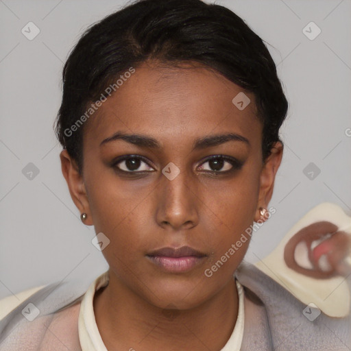 Neutral black young-adult female with short  brown hair and brown eyes