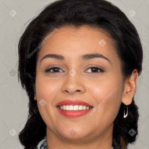 Joyful white young-adult female with long  brown hair and brown eyes