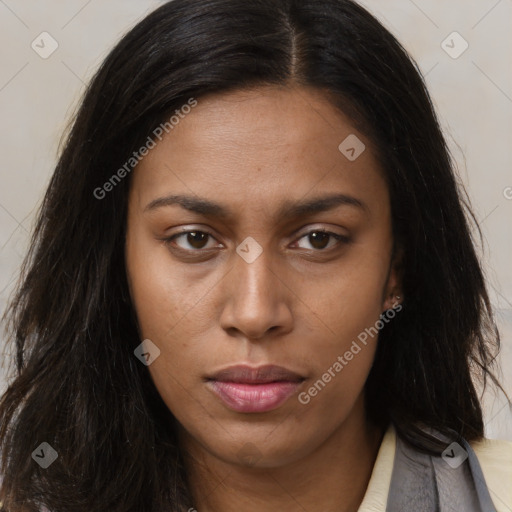 Joyful asian young-adult female with long  brown hair and brown eyes