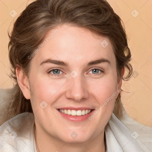 Joyful white young-adult female with medium  brown hair and blue eyes