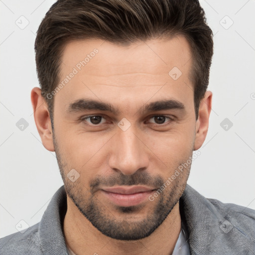 Joyful white young-adult male with short  brown hair and brown eyes