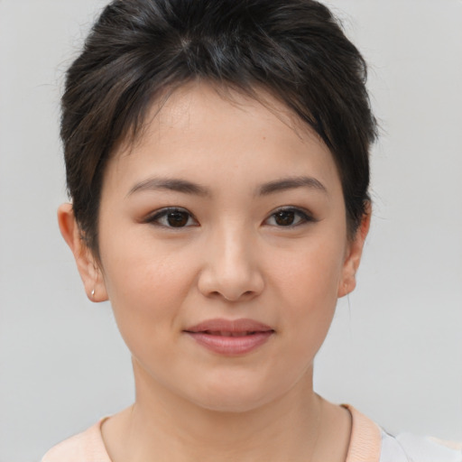 Joyful asian young-adult female with short  brown hair and brown eyes
