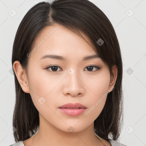 Neutral asian young-adult female with medium  brown hair and brown eyes