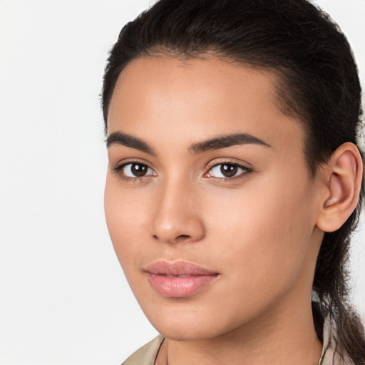 Neutral white young-adult female with long  brown hair and brown eyes