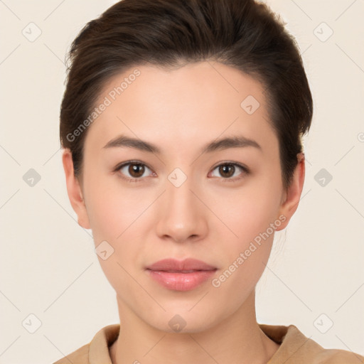 Neutral white young-adult female with short  brown hair and brown eyes