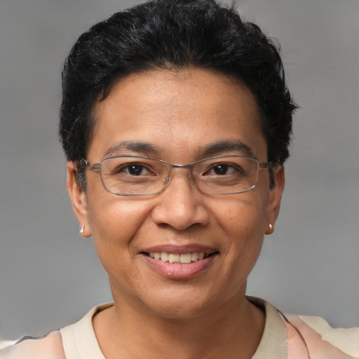 Joyful asian adult female with short  black hair and brown eyes