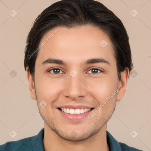 Joyful white young-adult male with short  brown hair and brown eyes