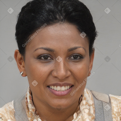 Joyful latino young-adult female with short  brown hair and brown eyes
