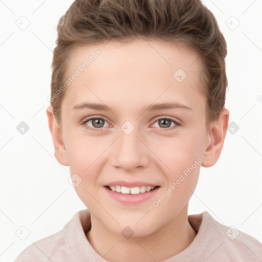 Joyful white child female with short  brown hair and grey eyes