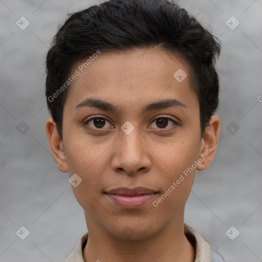 Joyful latino young-adult female with short  brown hair and brown eyes