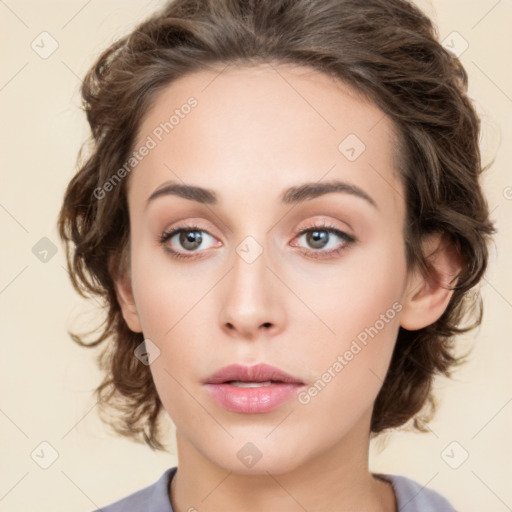 Neutral white young-adult female with medium  brown hair and brown eyes