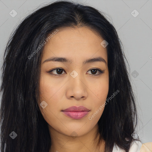 Neutral asian young-adult female with long  brown hair and brown eyes