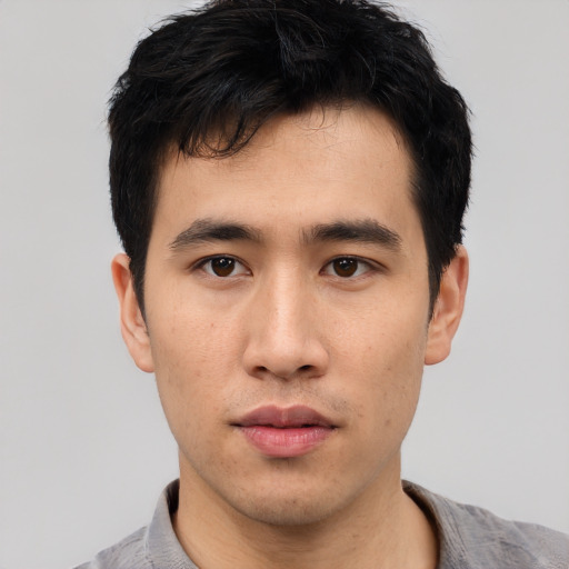 Neutral asian young-adult male with short  black hair and brown eyes