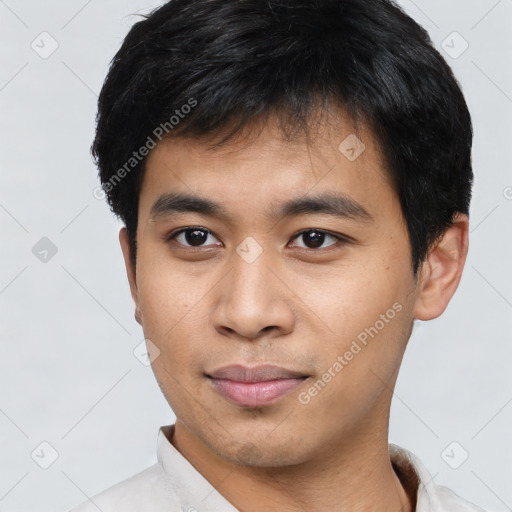 Neutral asian young-adult male with short  black hair and brown eyes