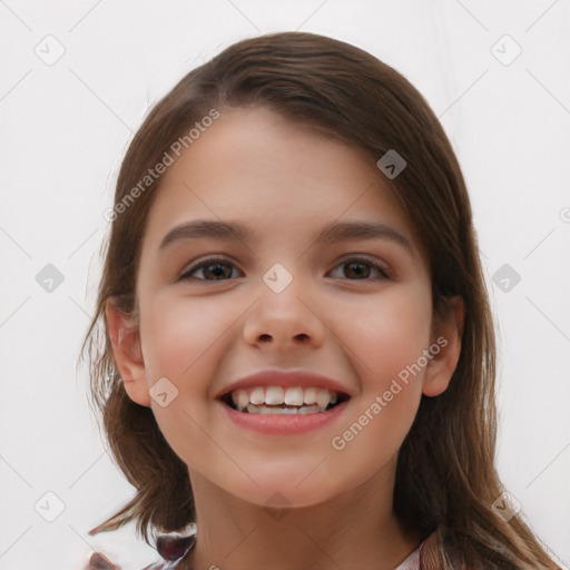 Joyful white child female with long  brown hair and brown eyes