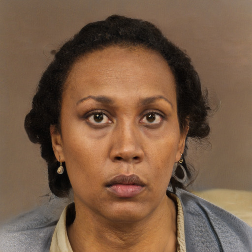 Neutral black adult female with short  brown hair and brown eyes