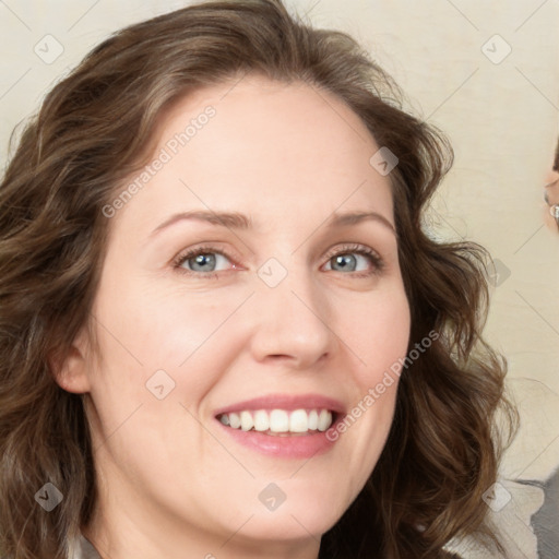 Joyful white young-adult female with medium  brown hair and green eyes