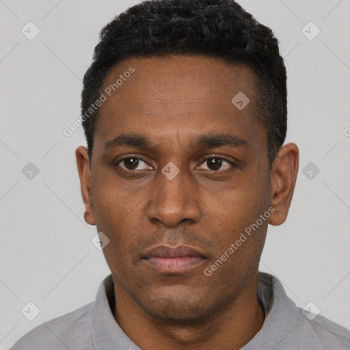 Neutral black young-adult male with short  black hair and brown eyes